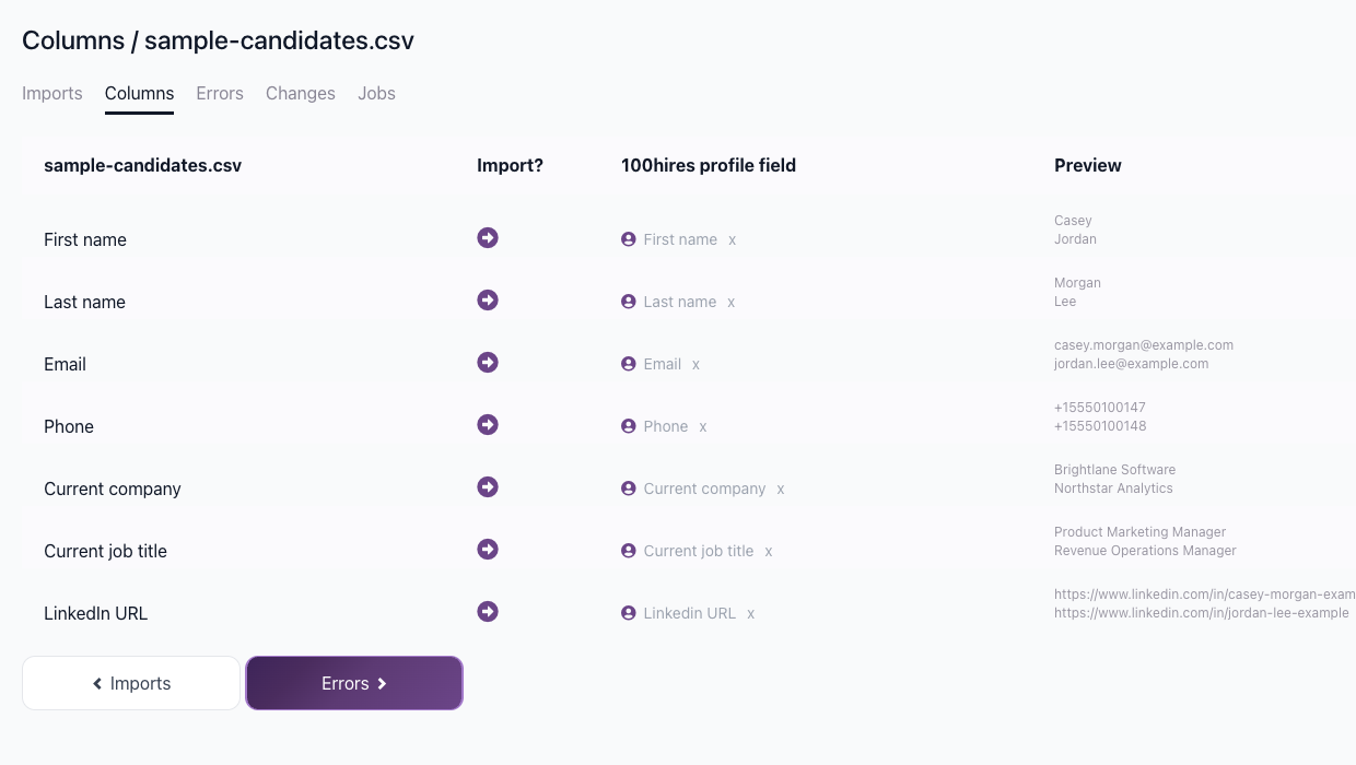CSV column mapping page showing imported candidate fields and previews