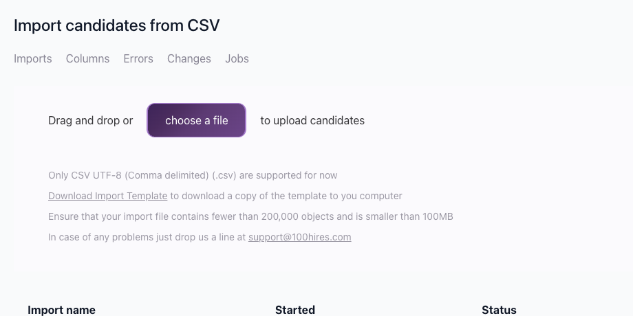 CSV import page with drag-and-drop area and choose a file button