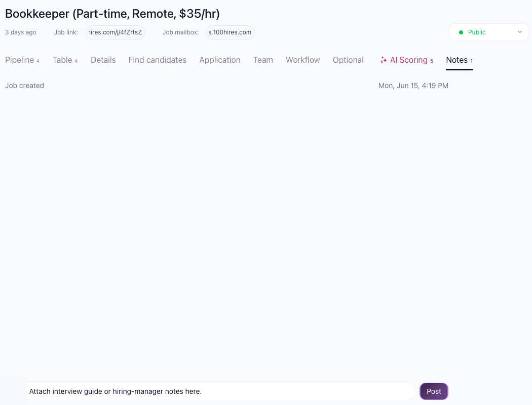 Job Notes tab with note composer open