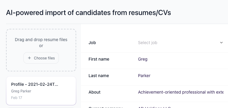 Resume upload page with drag-and-drop area and Choose files button