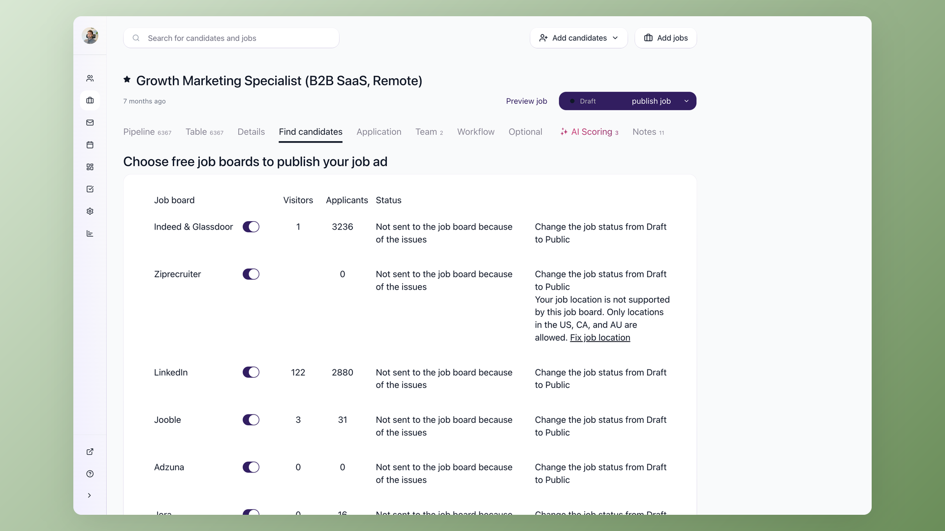 One-toggle job board posting in 100Hires: Indeed, Glassdoor, LinkedIn, Jooble and Adzuna with visitor stats