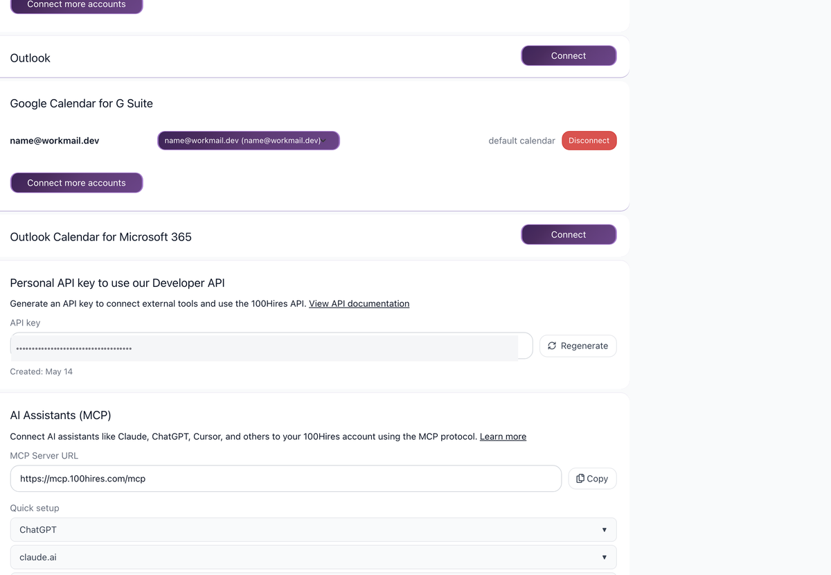 Settings > Integrations scrolled to the Personal API key section and AI Assistants (MCP) section with MCP Server URL and Quick setup dropdow