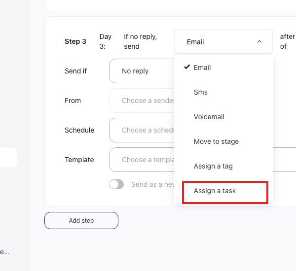 Nurture campaign step type dropdown with email, SMS, stage move, tag, and task options