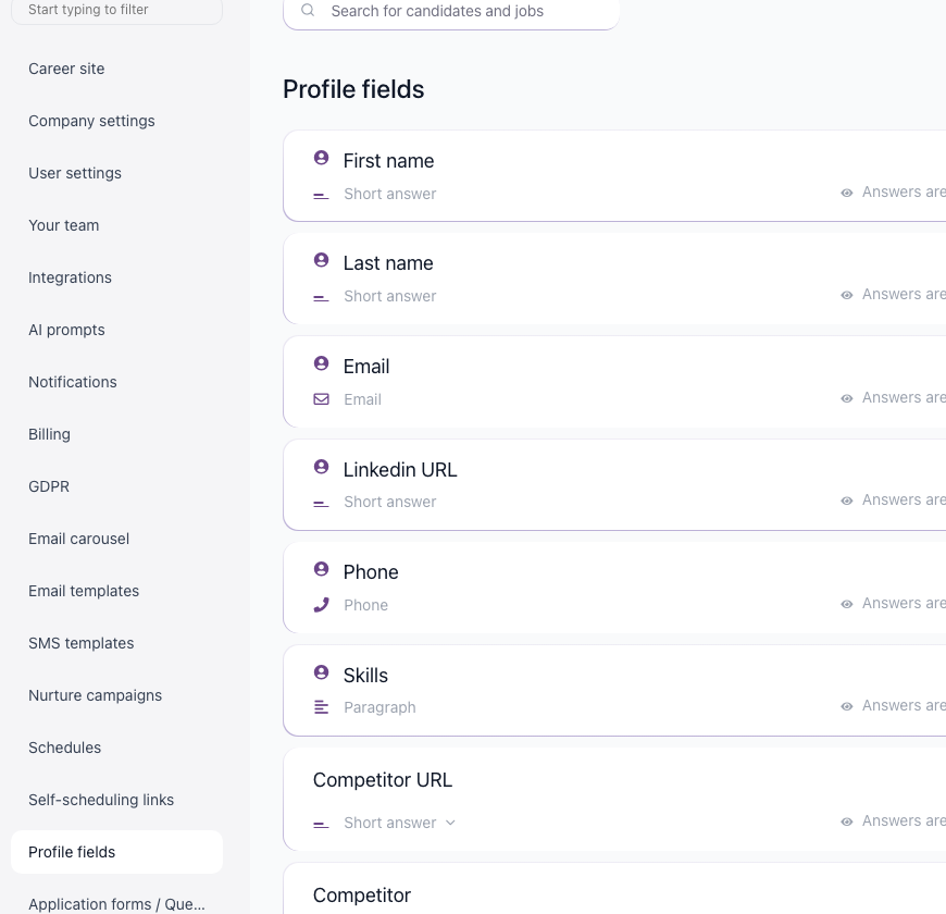 Settings > Profile Fields page showing fields the resume parser can populate