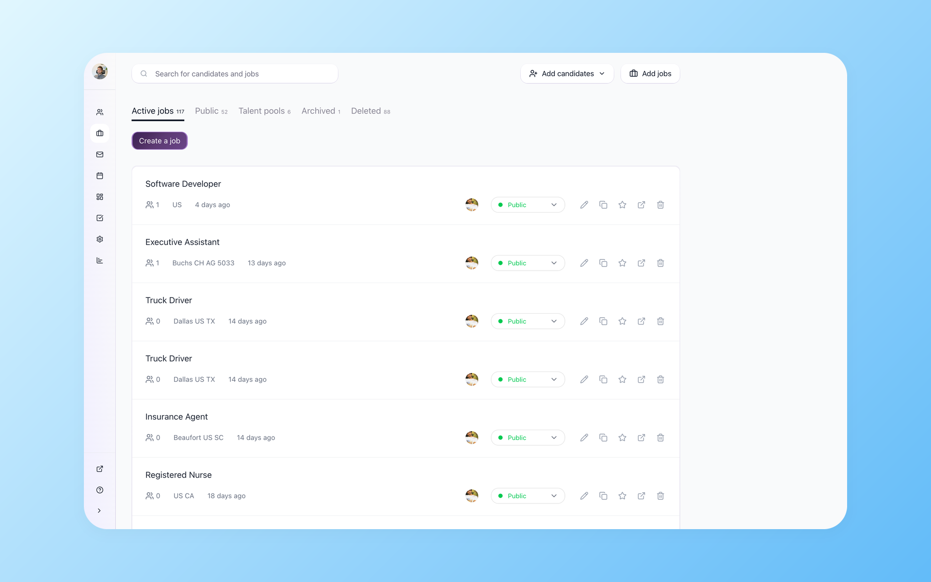 100Hires jobs dashboard showing active small-business job postings and candidate counts