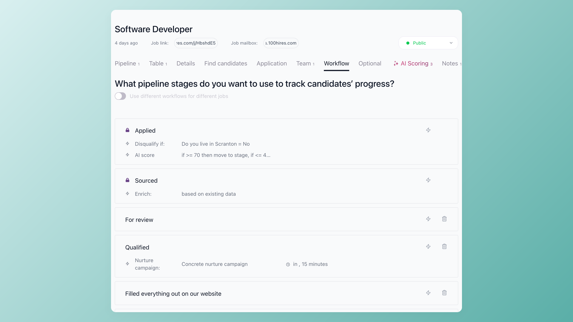 100Hires workflow pipeline stages with automation rules for disqualify, AI scoring, enrichment, and nurture campaigns
