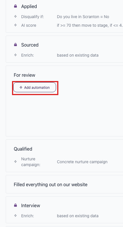 Job Workflow tab with Add automation button highlighted on the For review stage