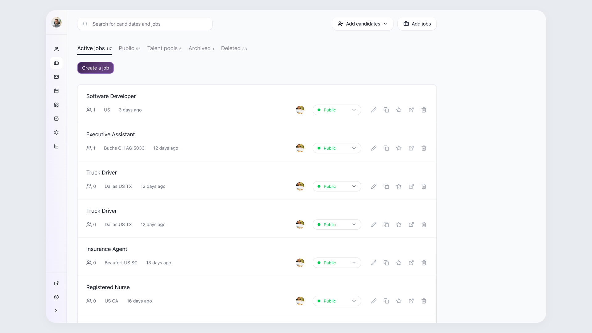 100Hires active jobs dashboard showing candidate pipeline counts, locations, and public job statuses