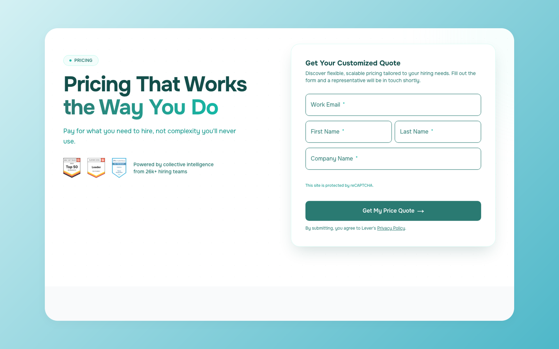 Lever pricing page showing its customized quote form and pricing message