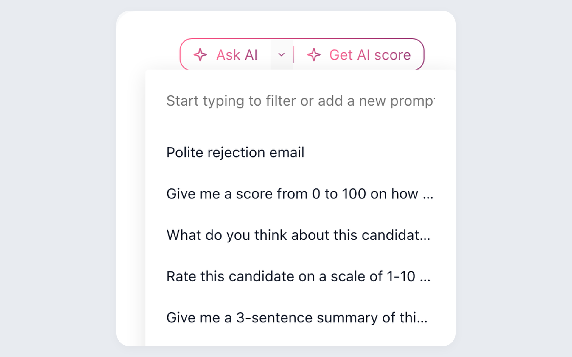 100Hires AI Copilot menu with saved recruiter prompts