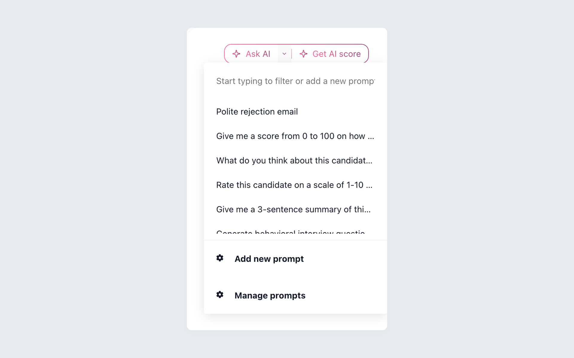 100Hires AI Copilot Ask AI menu with saved recruiter prompts