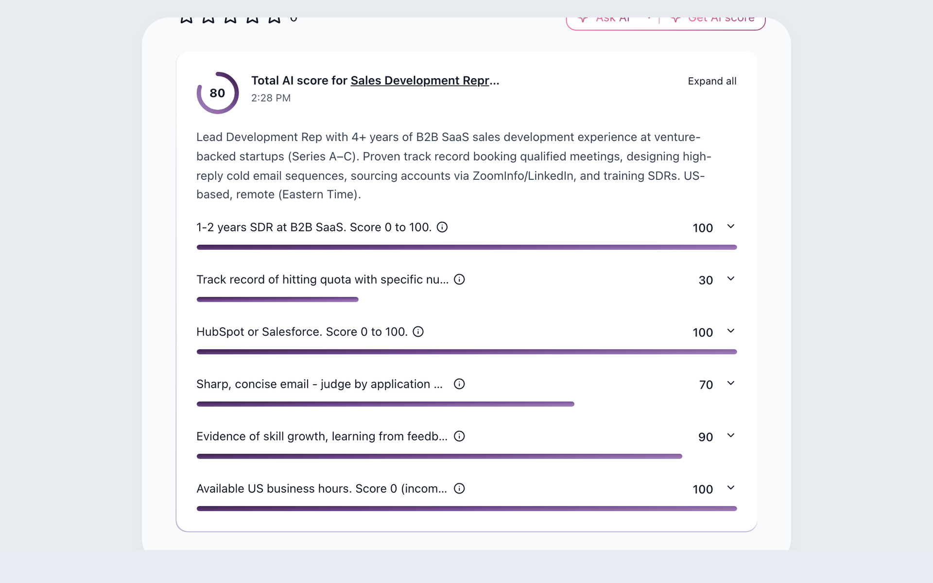 100Hires AI Score result card with a total score and role-specific criteria