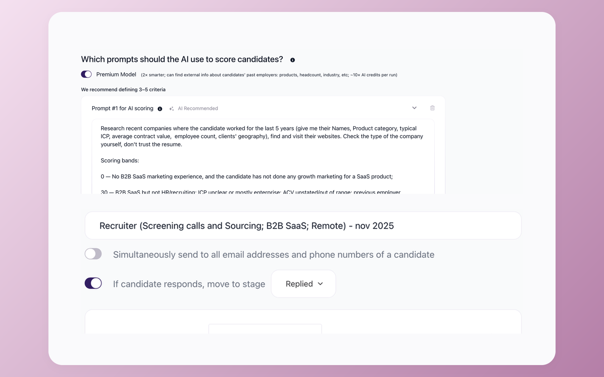 100Hires AI Score criteria and Nurture Campaign automation