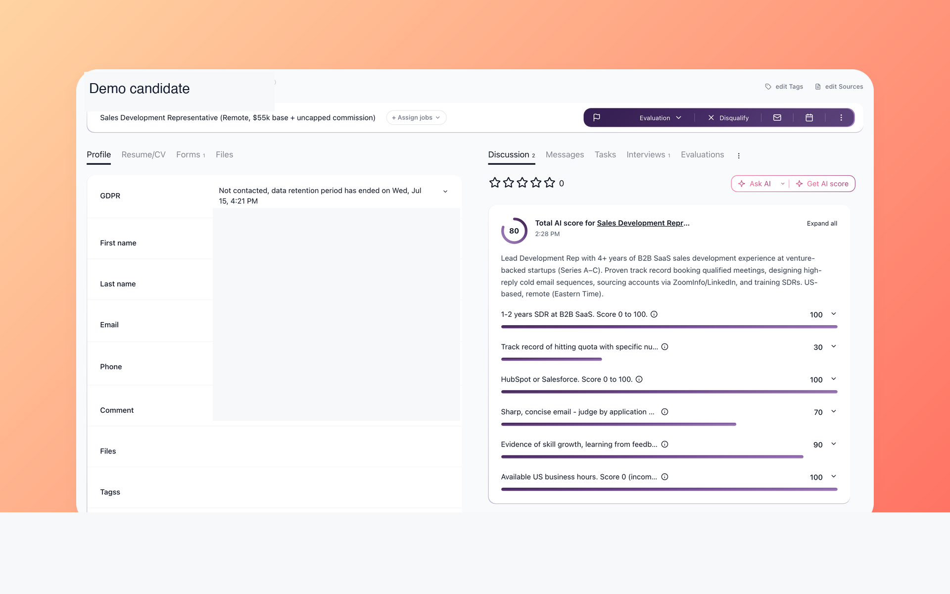 100Hires candidate score with total and per-criterion results