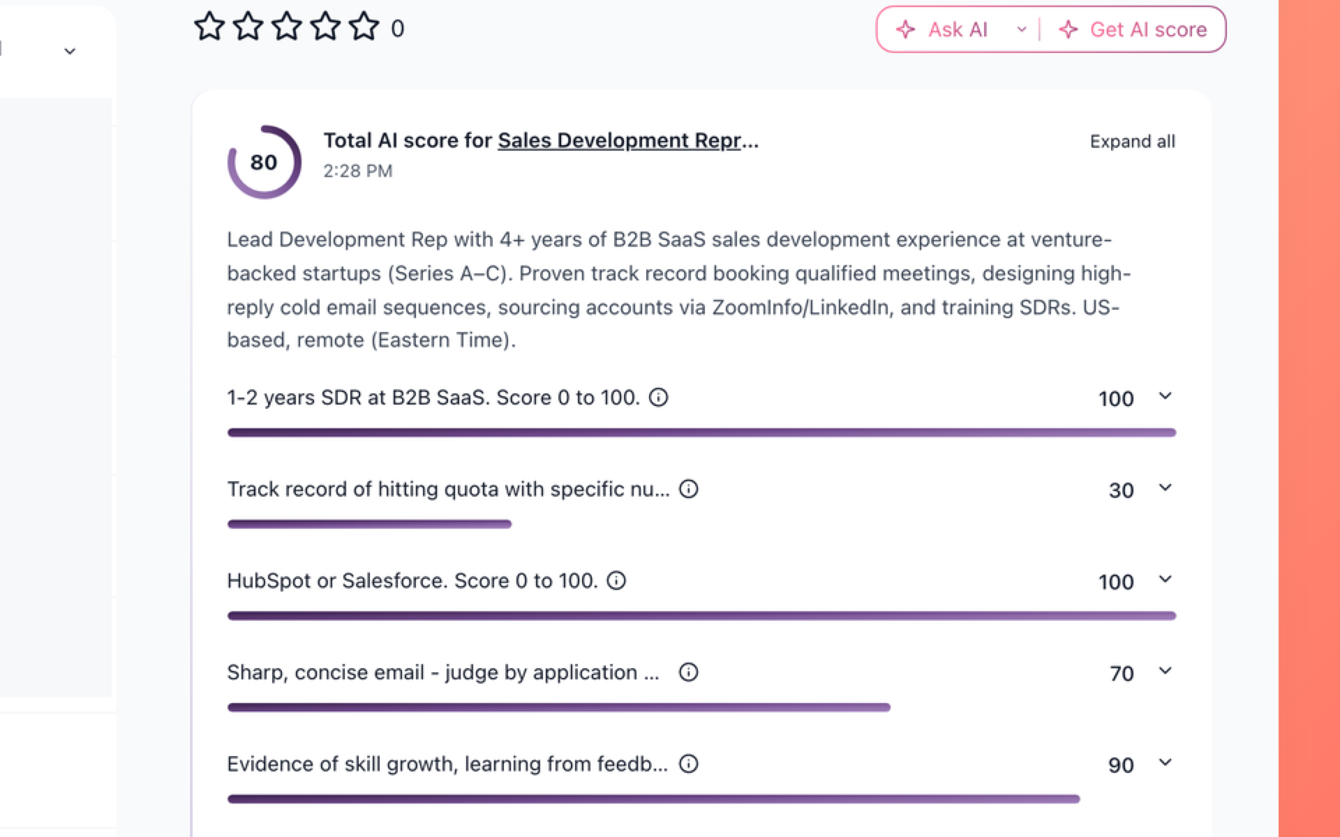 100Hires AI Score showing a total result and per-criterion results