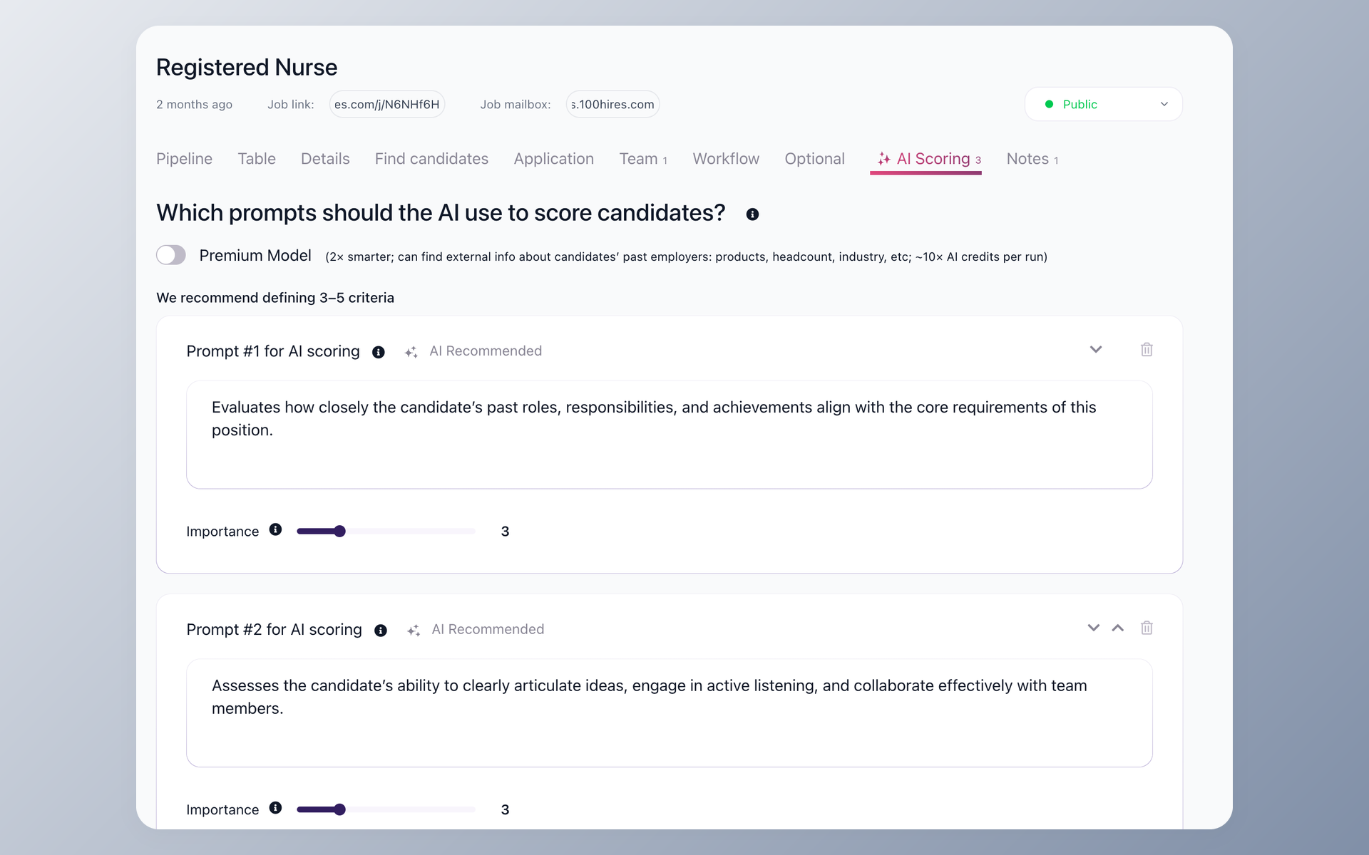 100Hires AI Scoring criteria setup showing prompt-based evaluation questions and importance sliders for a job