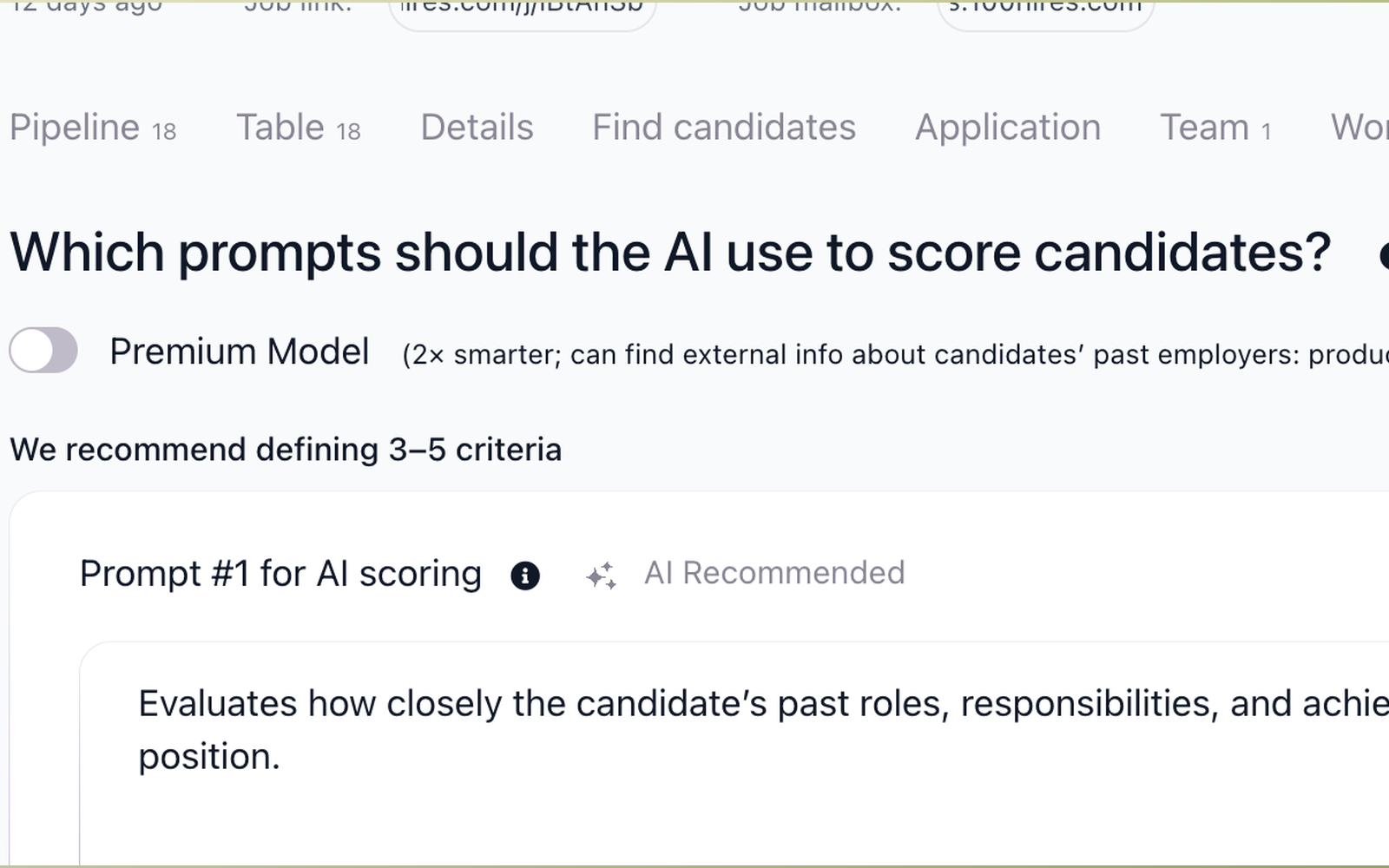 100Hires AI Scoring criteria editor with a role-specific prompt and importance controls