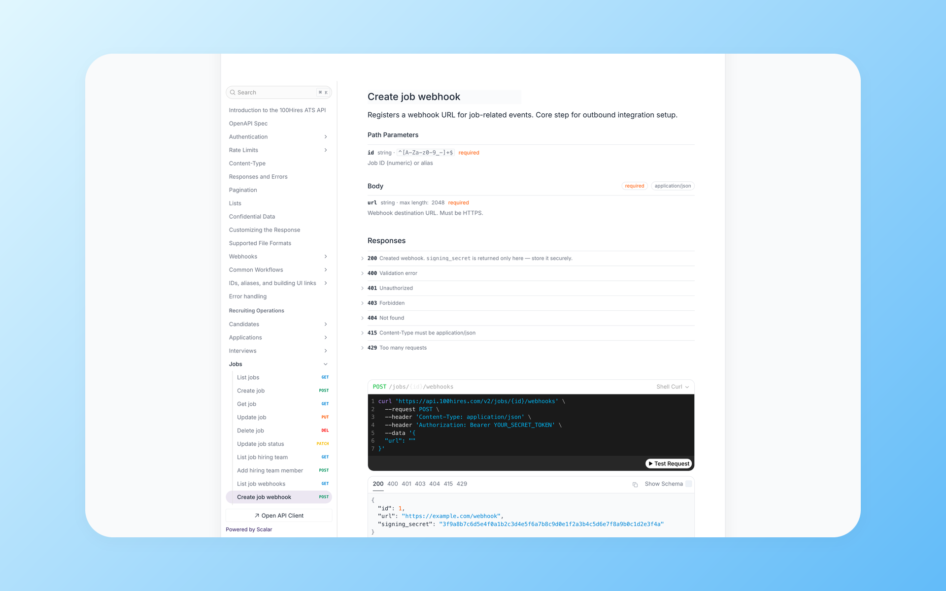 100Hires ATS API documentation showing the Create job webhook operation with path parameters, response codes, curl example, and signing secret response