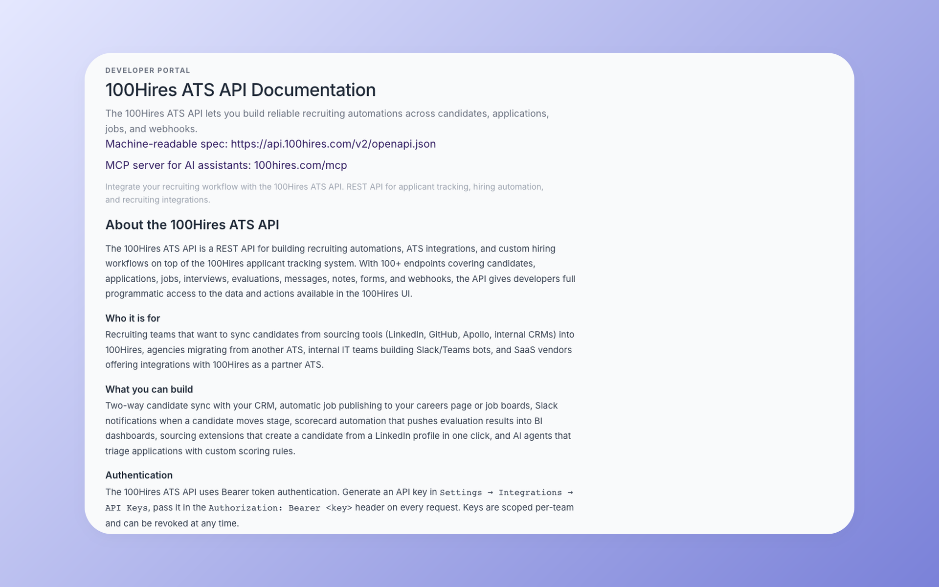 Current 100Hires ATS API documentation with OpenAPI specification and authentication details