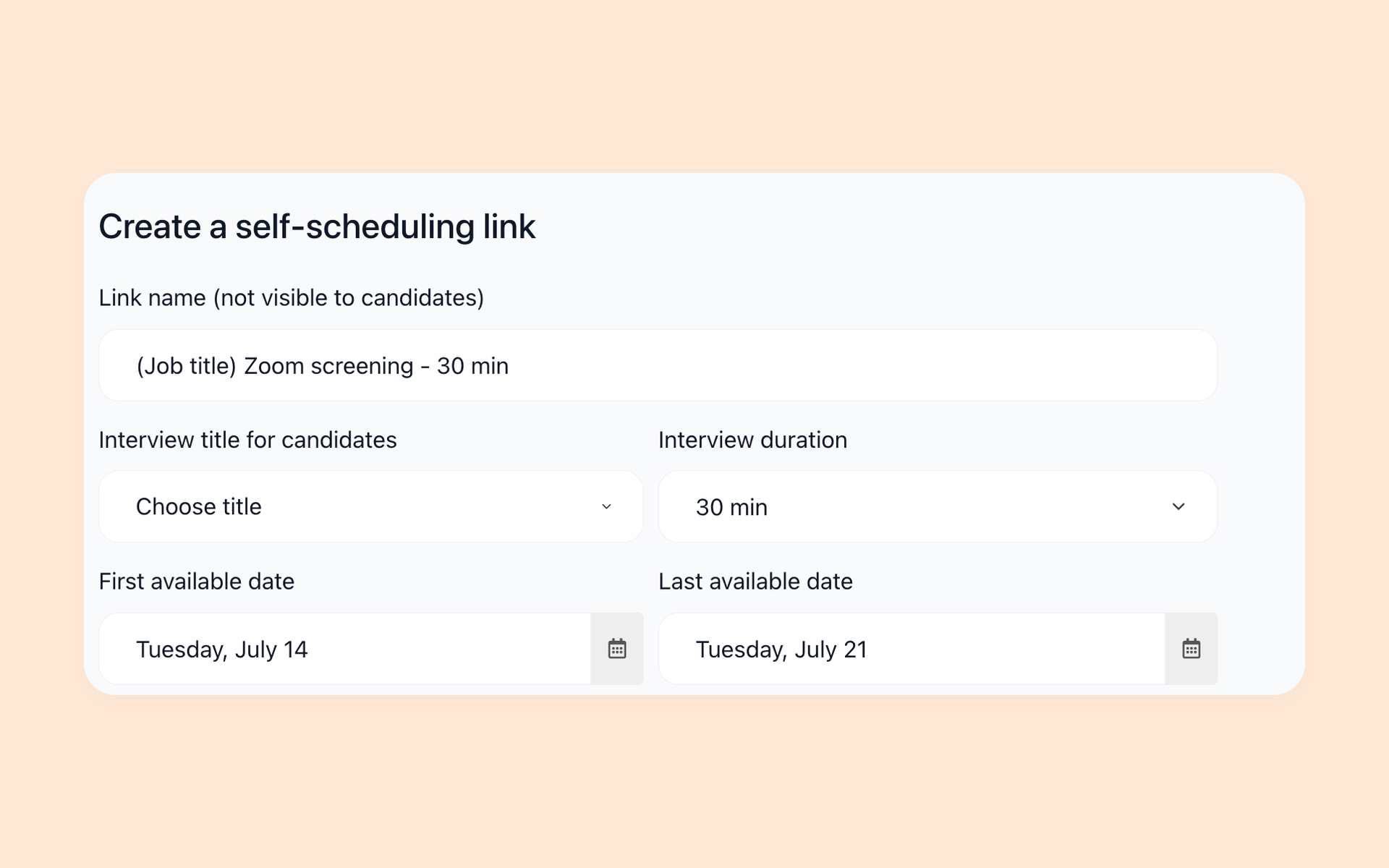 100Hires ATS self-scheduling link configuration with interview duration and current availability dates