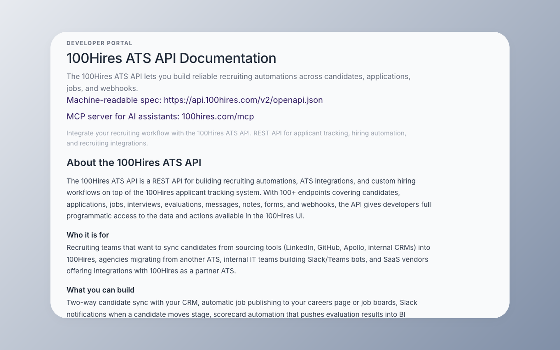 100Hires REST API documentation showing the machine-readable API contract and developer reference