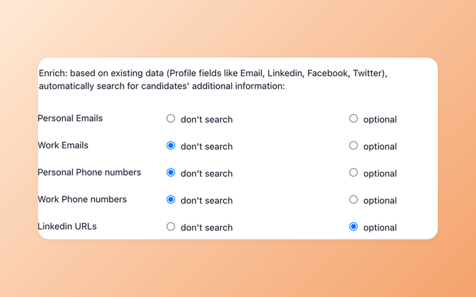 100Hires Contact Finder settings for selected candidate contact fields
