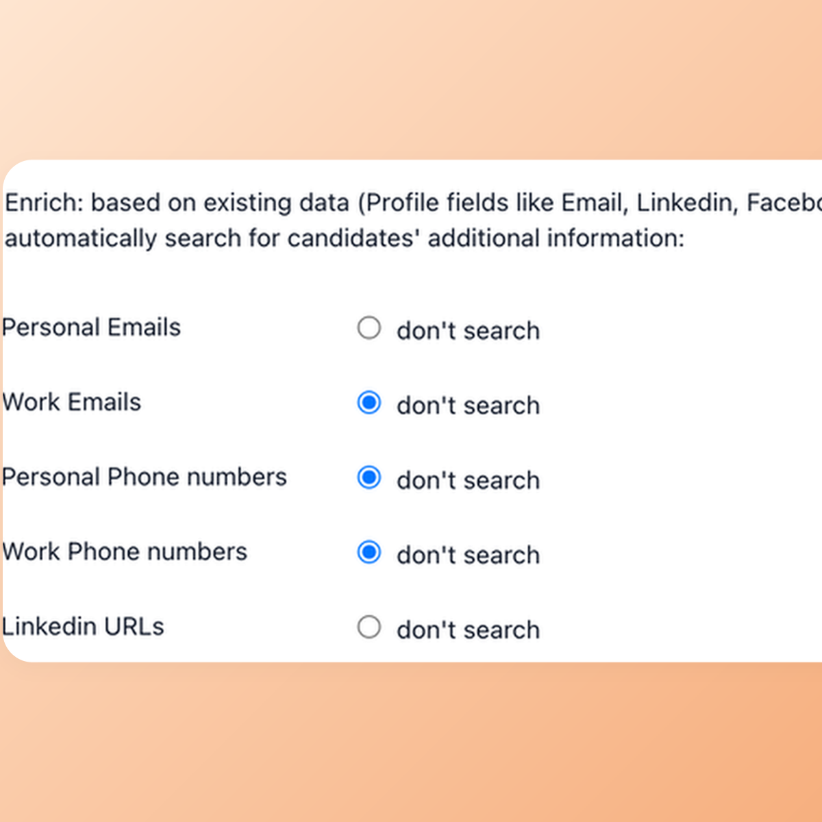 100Hires Contact Finder settings for selecting enrichment fields