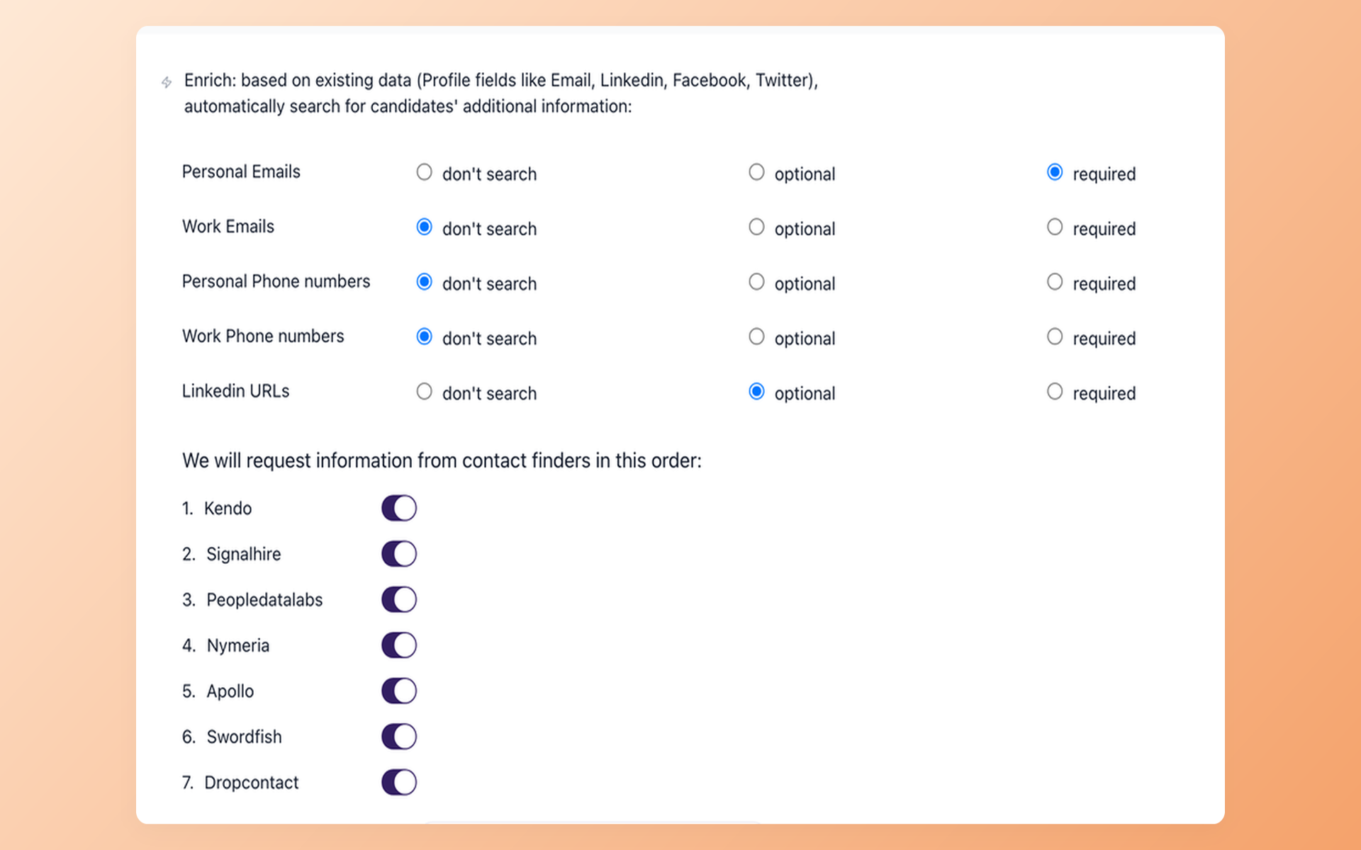 100Hires Contact Finder settings for selecting enrichment fields
