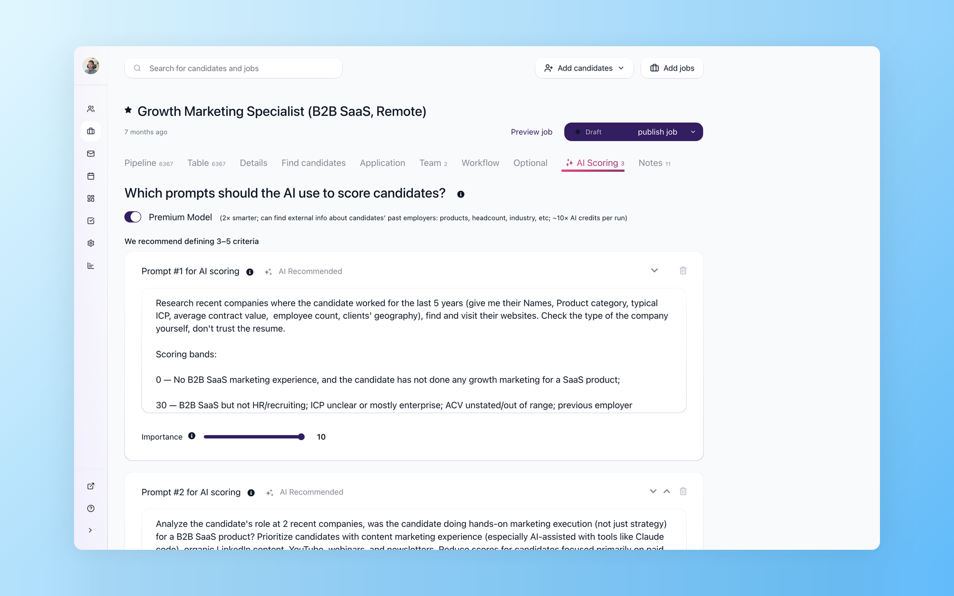 100Hires AI Score criteria editor showing job-specific prompts and importance controls