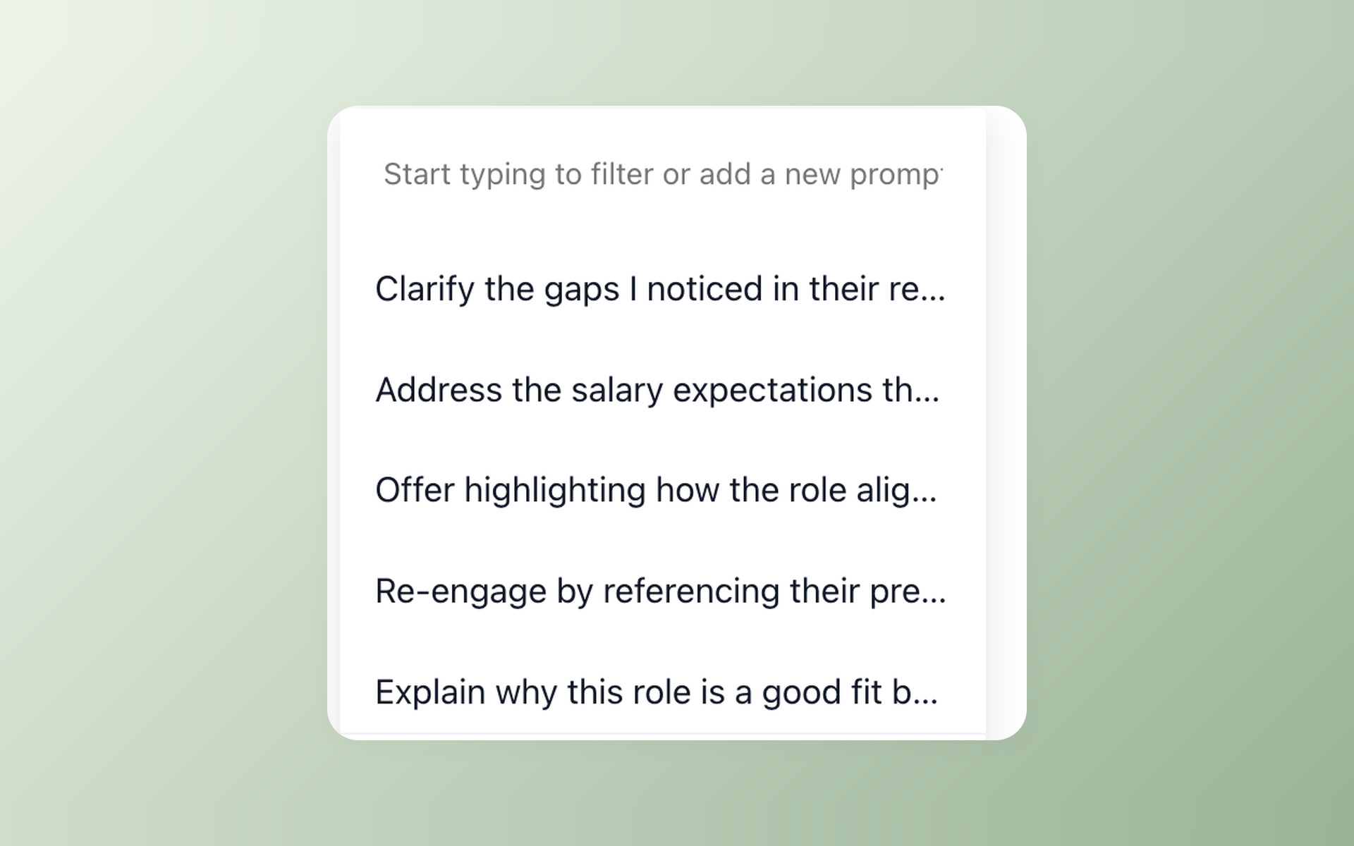 100Hires AI Email Composer menu with saved recruiting prompts