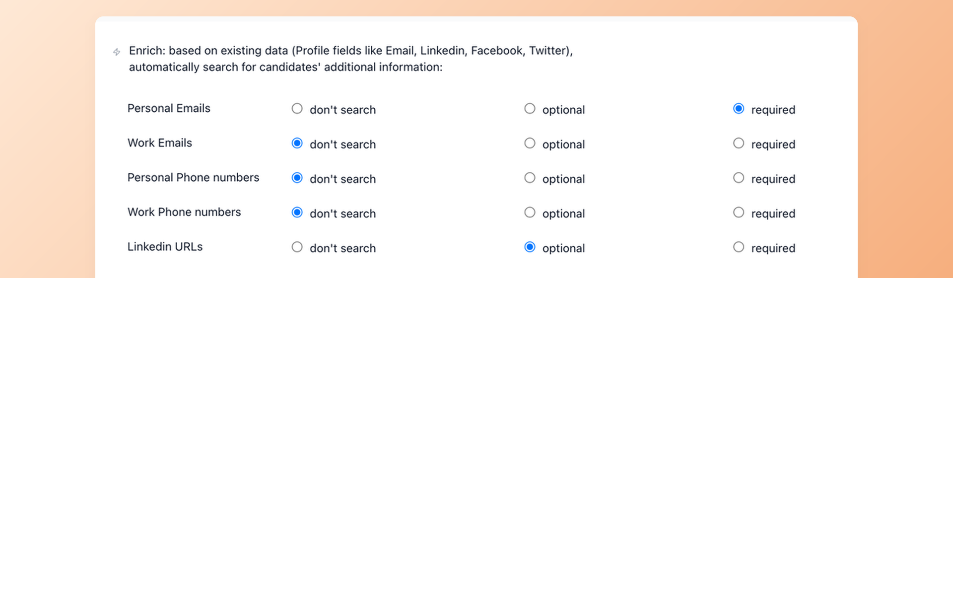 100Hires Contact Finder settings for selecting enrichment fields and search requirements