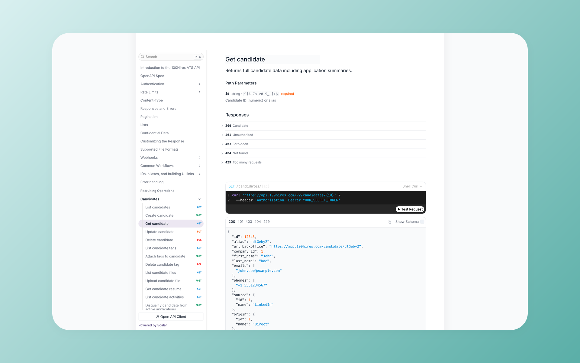 100Hires ATS API documentation with a candidates endpoint reference, curl example, and JSON response schema