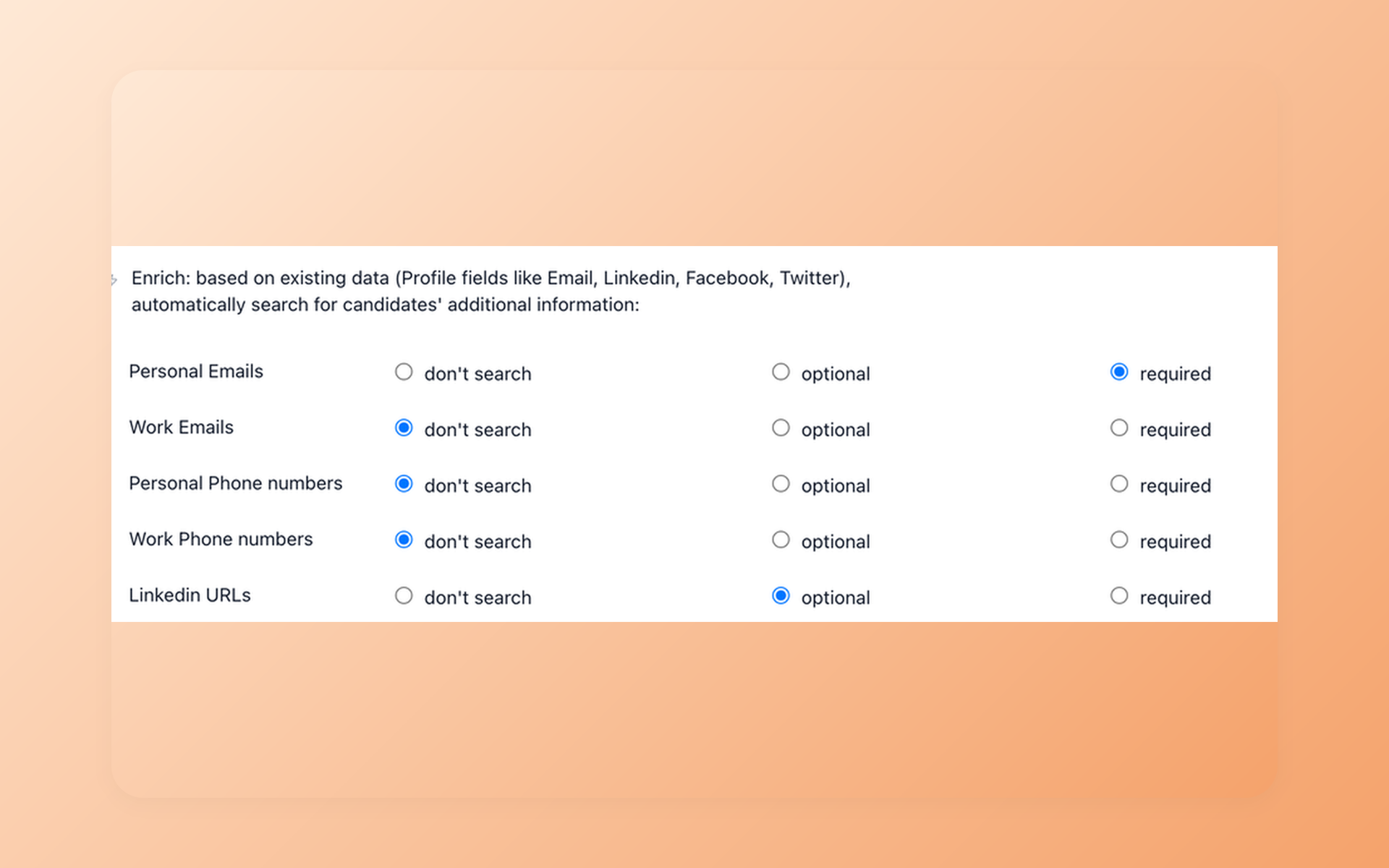 100Hires Contact Finder settings for selecting enrichment fields