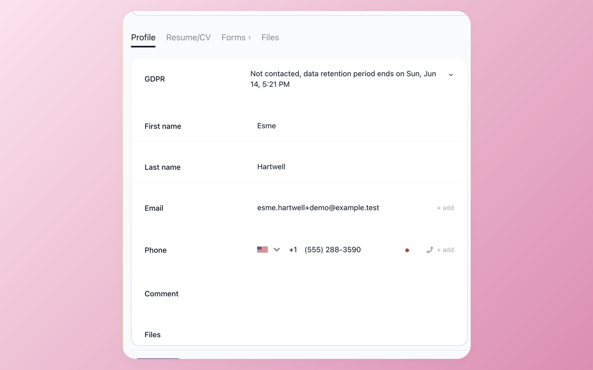 100Hires candidate Profile fields with synthetic test contact data
