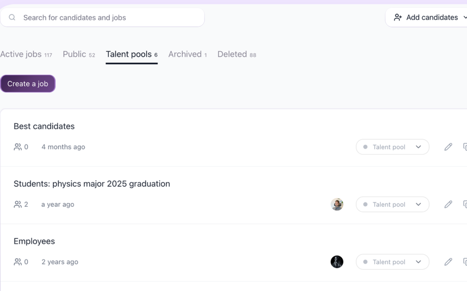 100Hires Talent Pools list with named pools, candidate counts, Talent pool status, and search