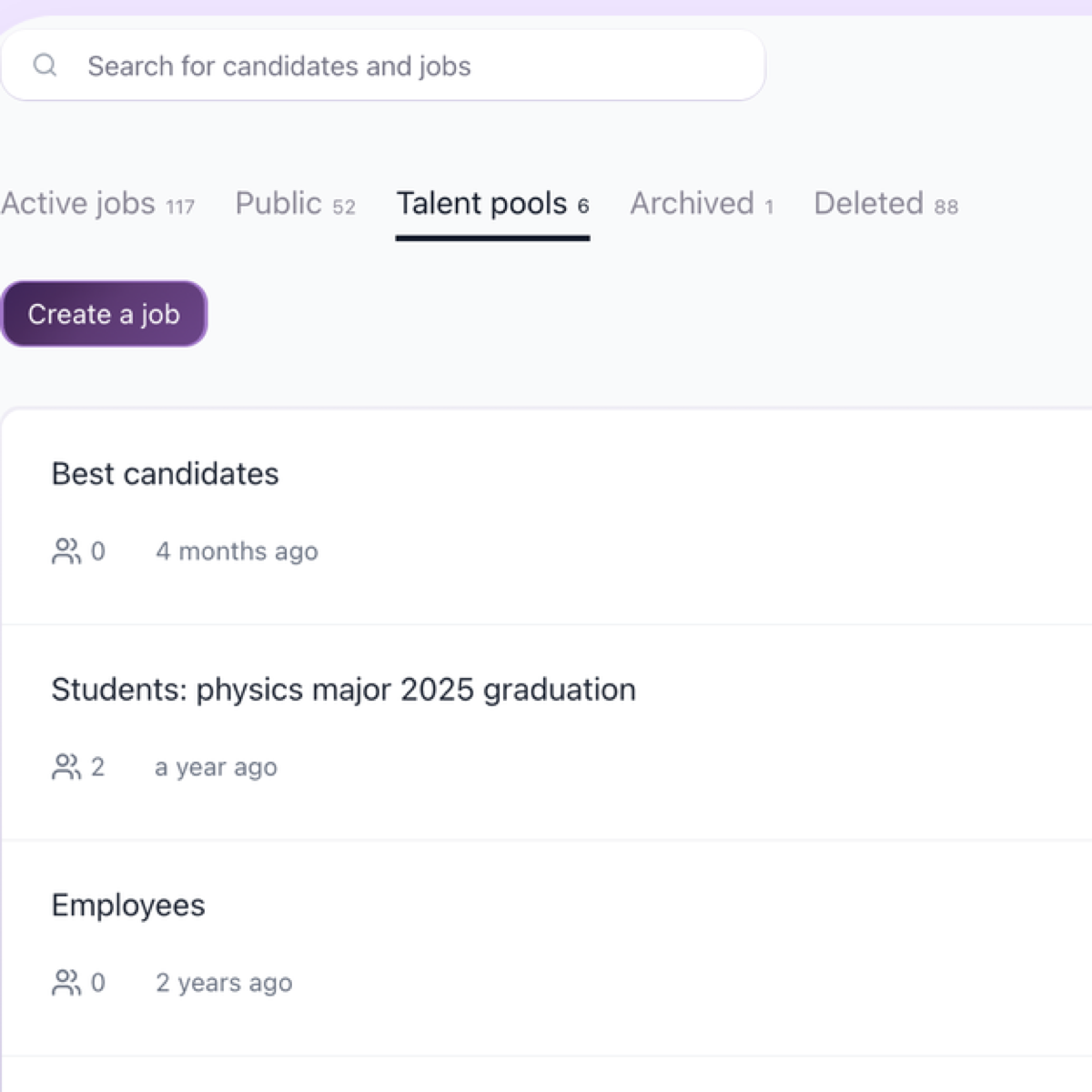 100Hires Talent Pools list with named pools, counts, and search