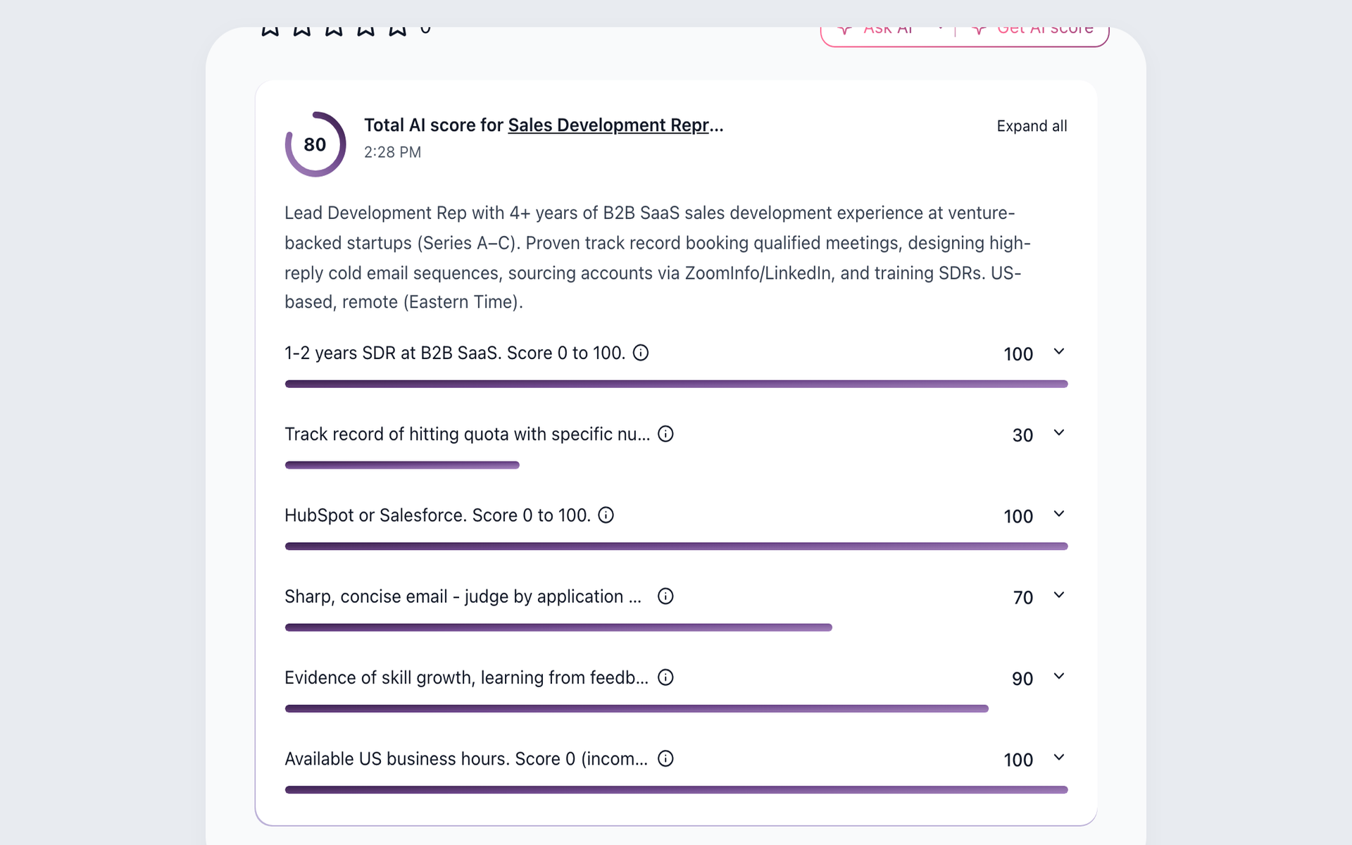 100Hires AI Score result showing a total score and per-criterion scores without candidate identity