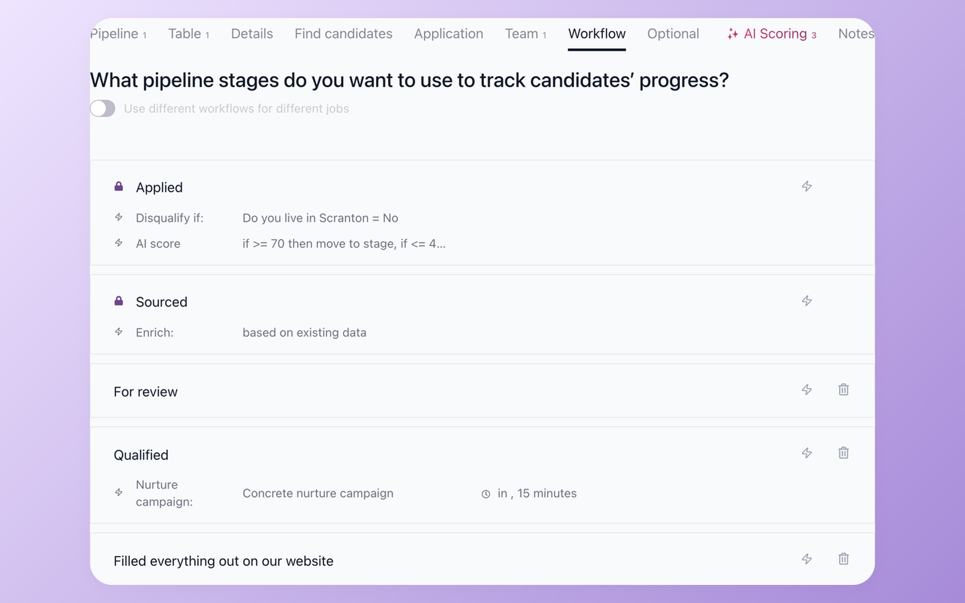 100Hires Workflow stages with stage actions for screening, enrichment, review, and nurture