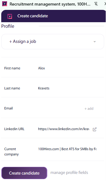 Assigning a sourced candidate to a job from the extension