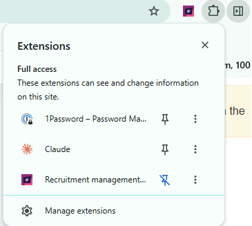 Chrome extensions menu showing pin controls