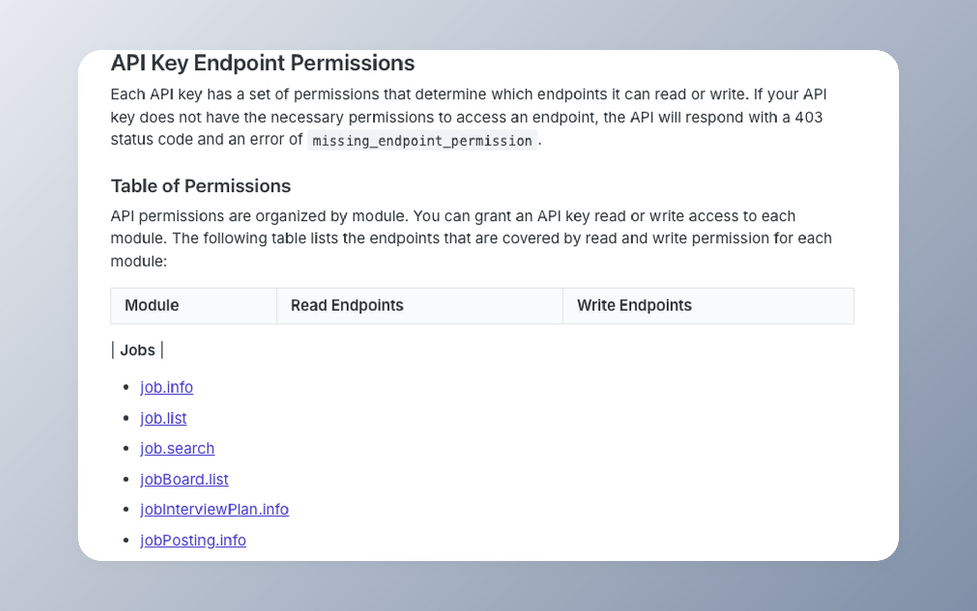Ashby API key permissions setup with scoped recruiting modules