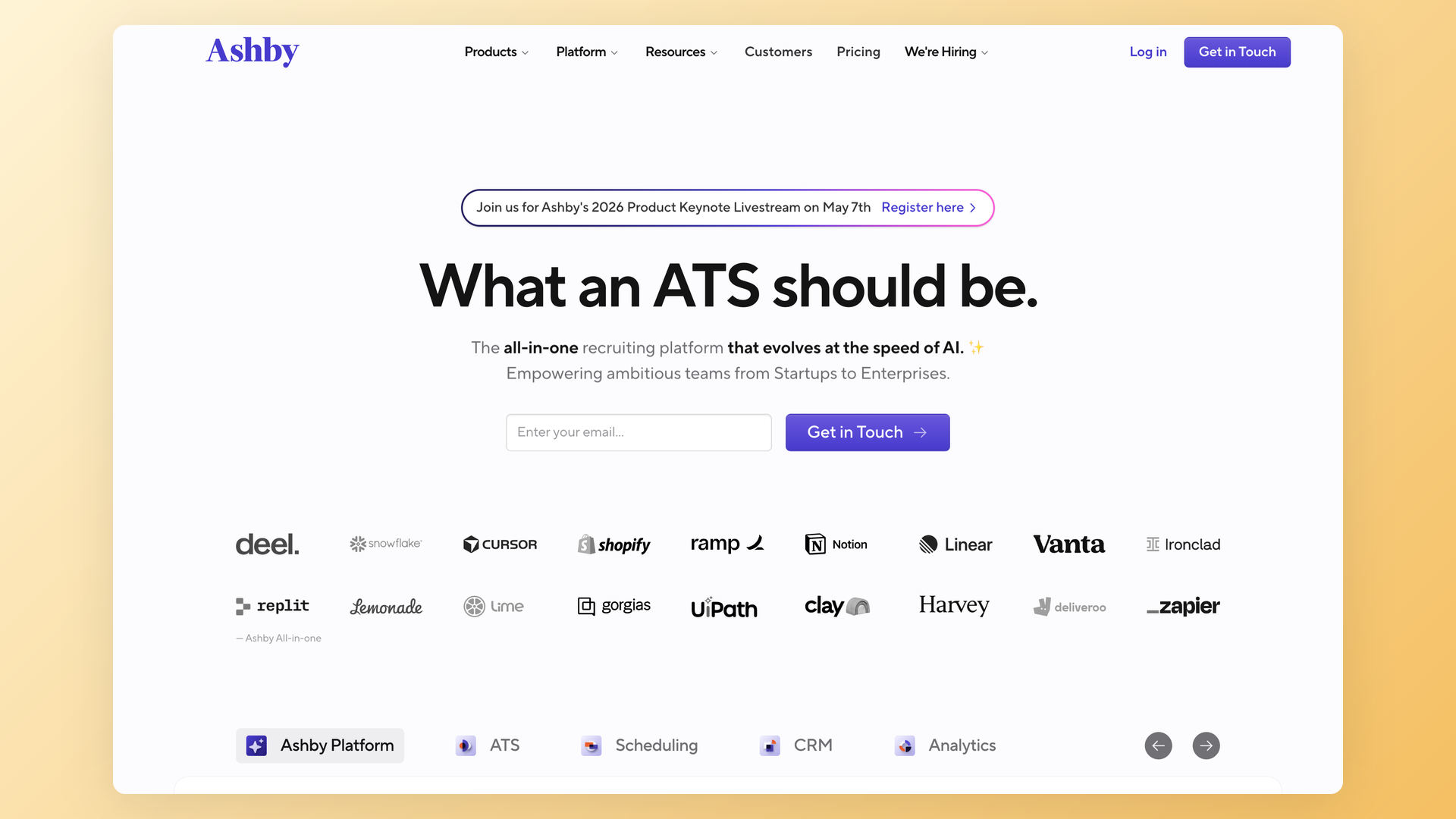 Ashby homepage showing ATS platform positioning and product navigation