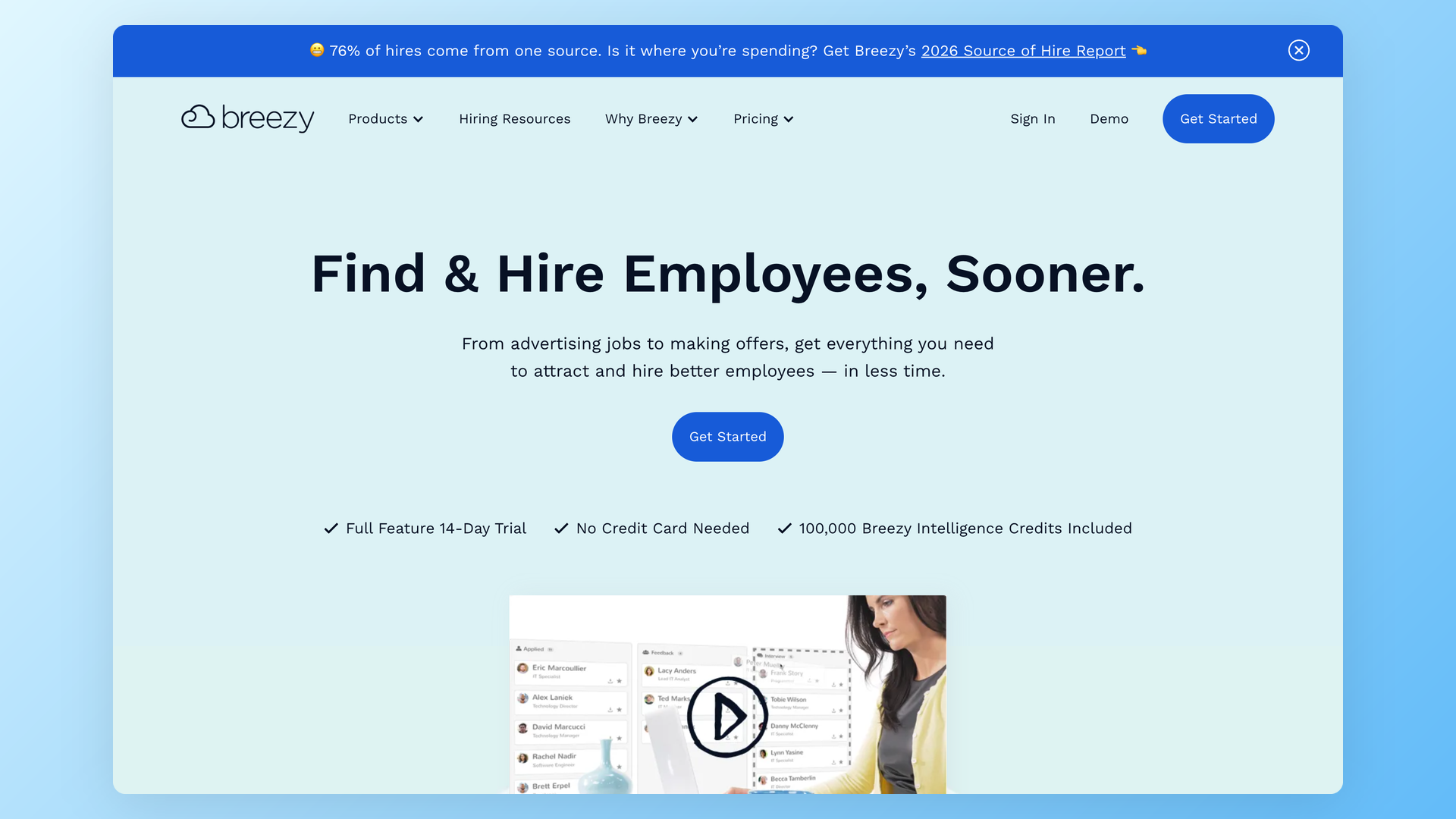 Breezy HR homepage showing its visual hiring platform and candidate pipeline positioning