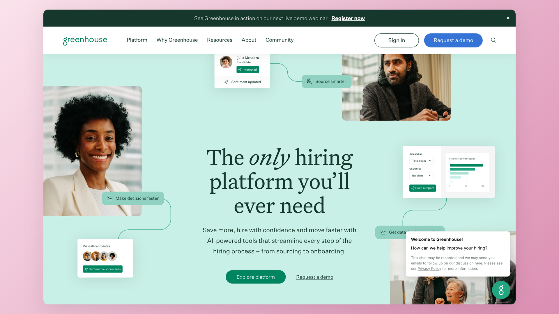 Greenhouse homepage showing hiring platform positioning and product workflow cards