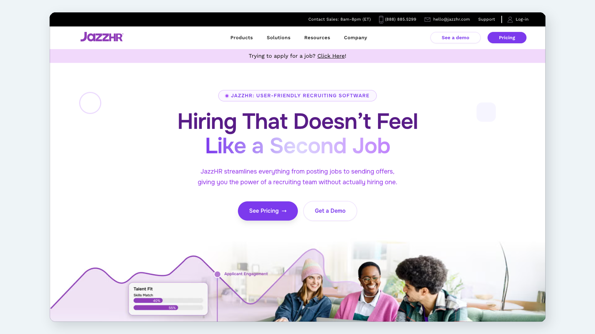 JazzHR homepage showing user-friendly recruiting software positioning