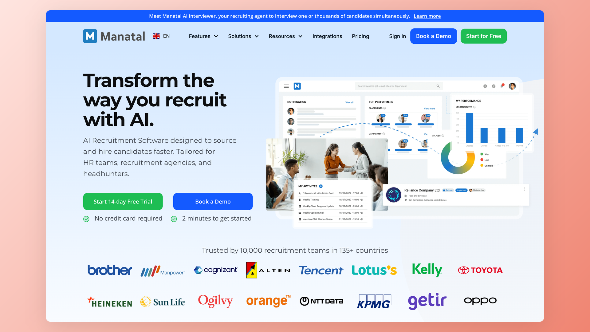 Manatal homepage showing AI recruitment software positioning and product UI mockup