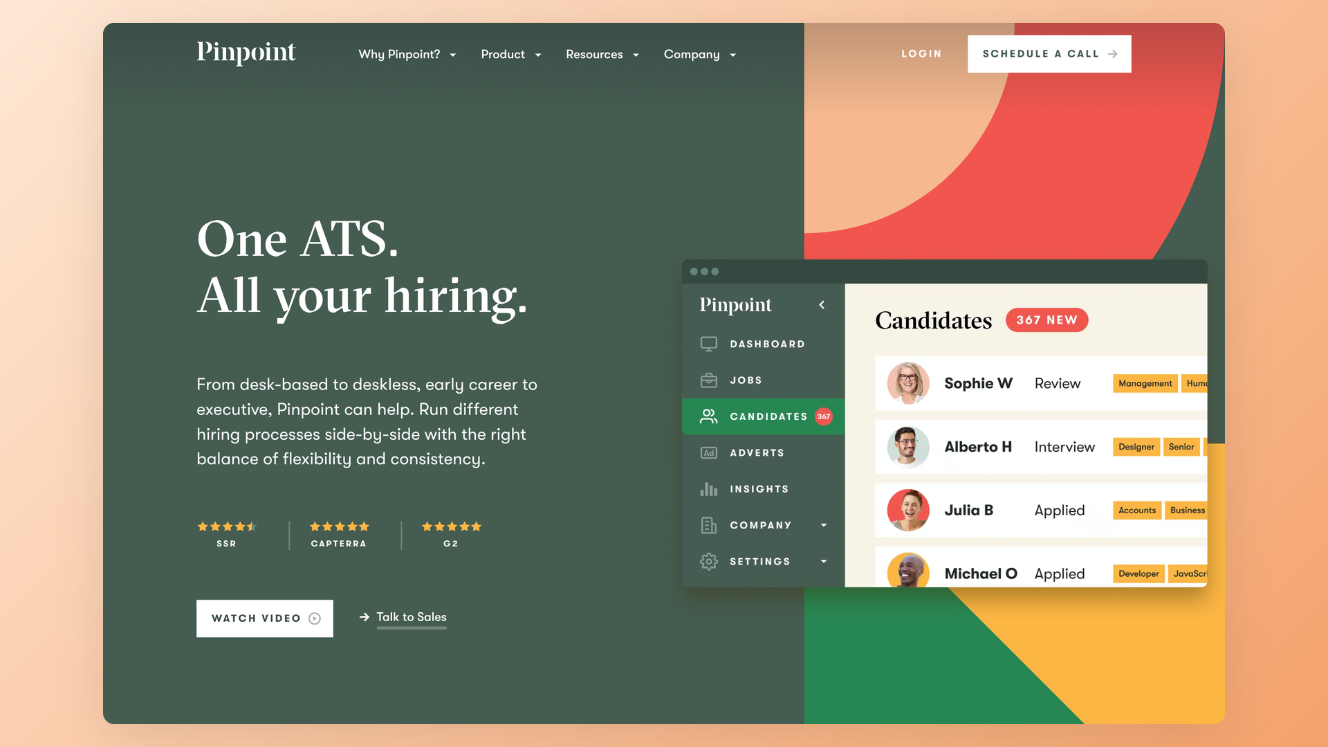 Pinpoint homepage showing ATS positioning with candidate list product mockup