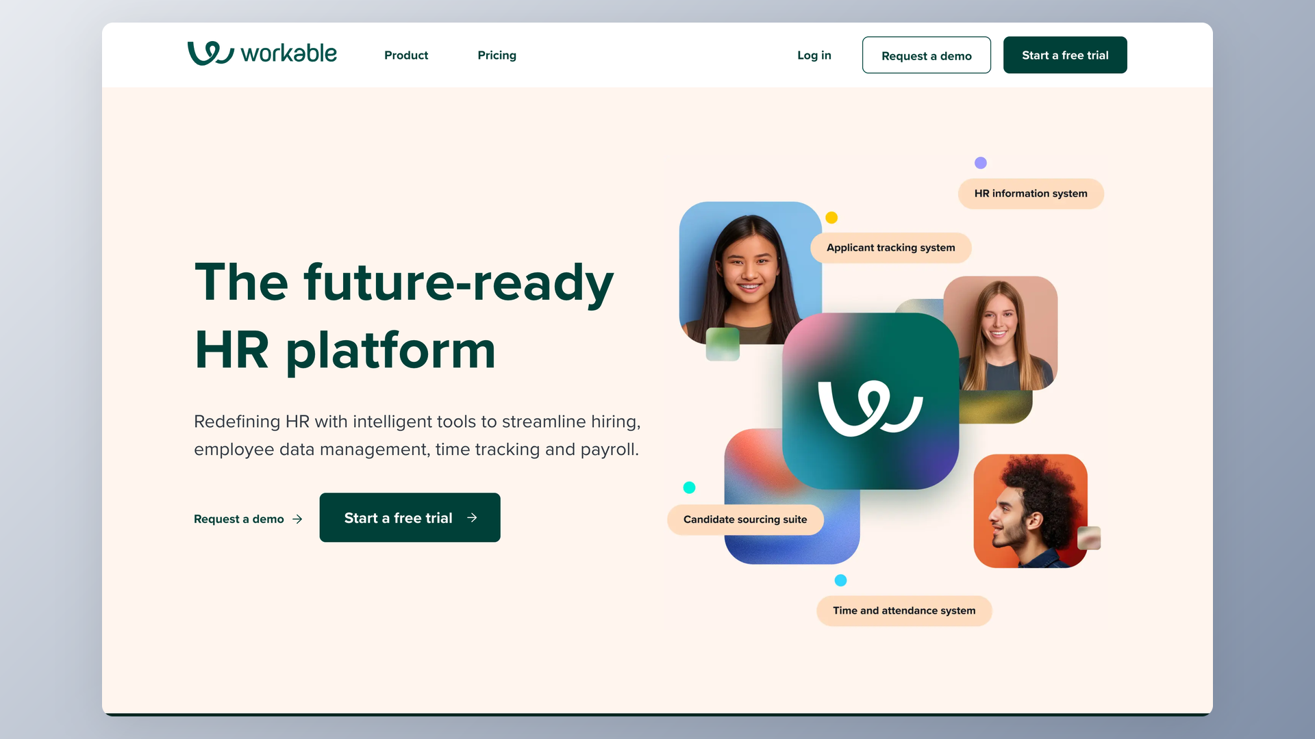 Workable homepage showing future-ready HR platform positioning and screening workflow tags