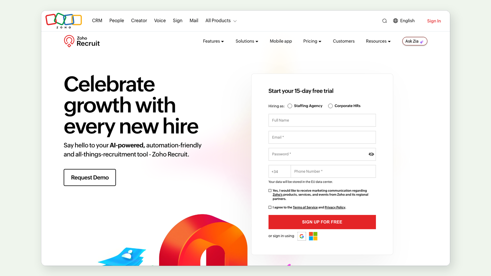 Zoho Recruit homepage showing AI-powered recruitment tool positioning and sign-up form