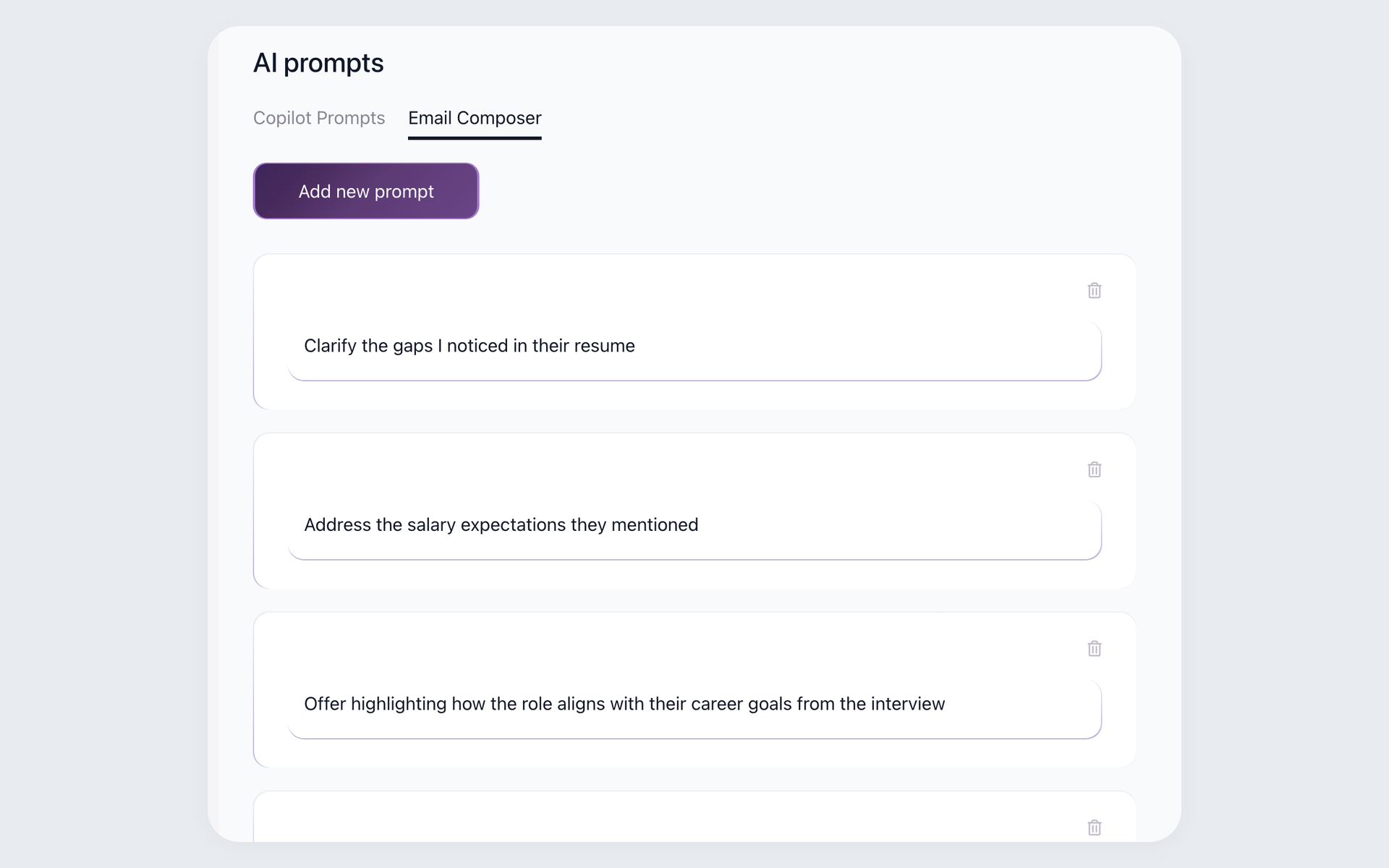 100Hires AI Email Composer prompt library for candidate-specific recruiting messages